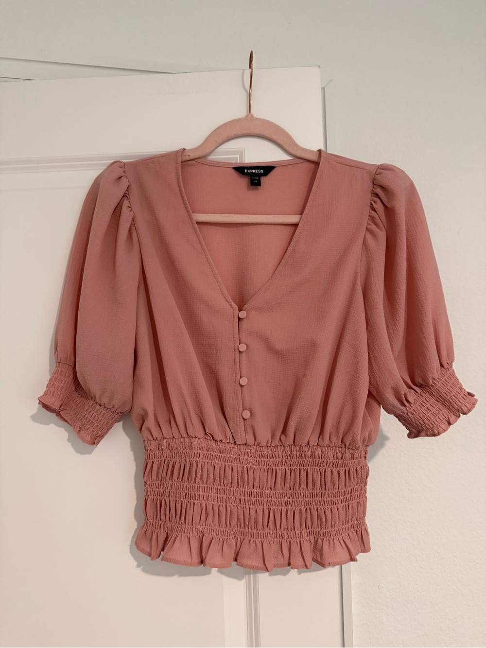 Express Dusty Rose Puff Sleeve Smocked Waist Blouse